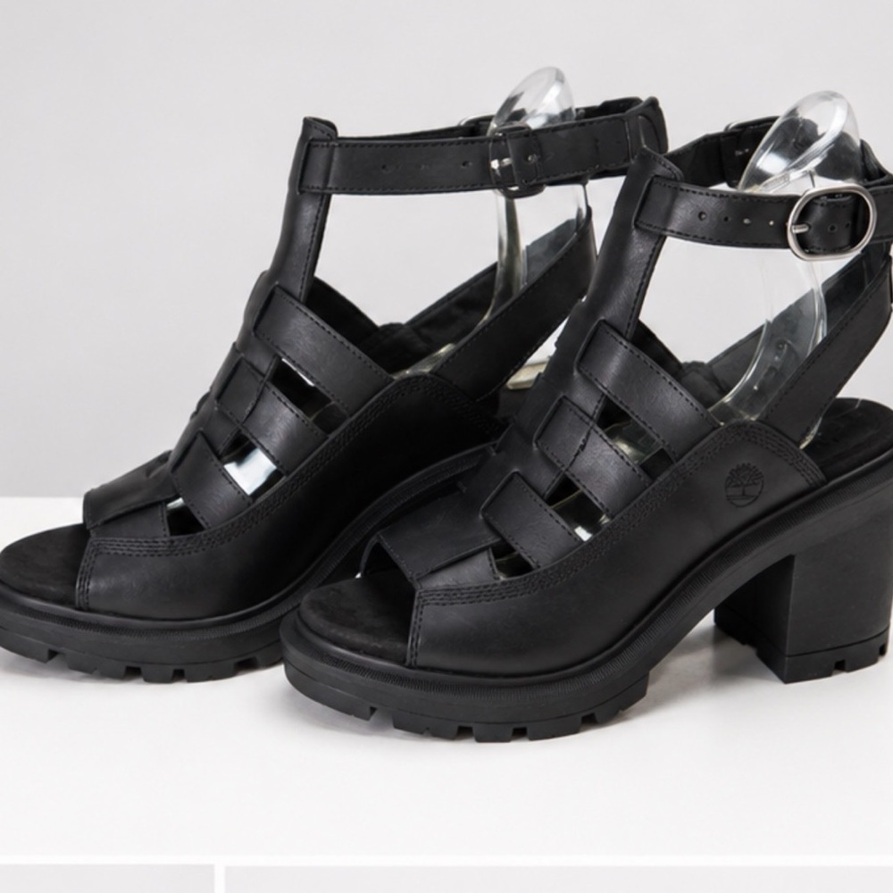 Timberland Black Leather Chunky Strap Heel Sandal